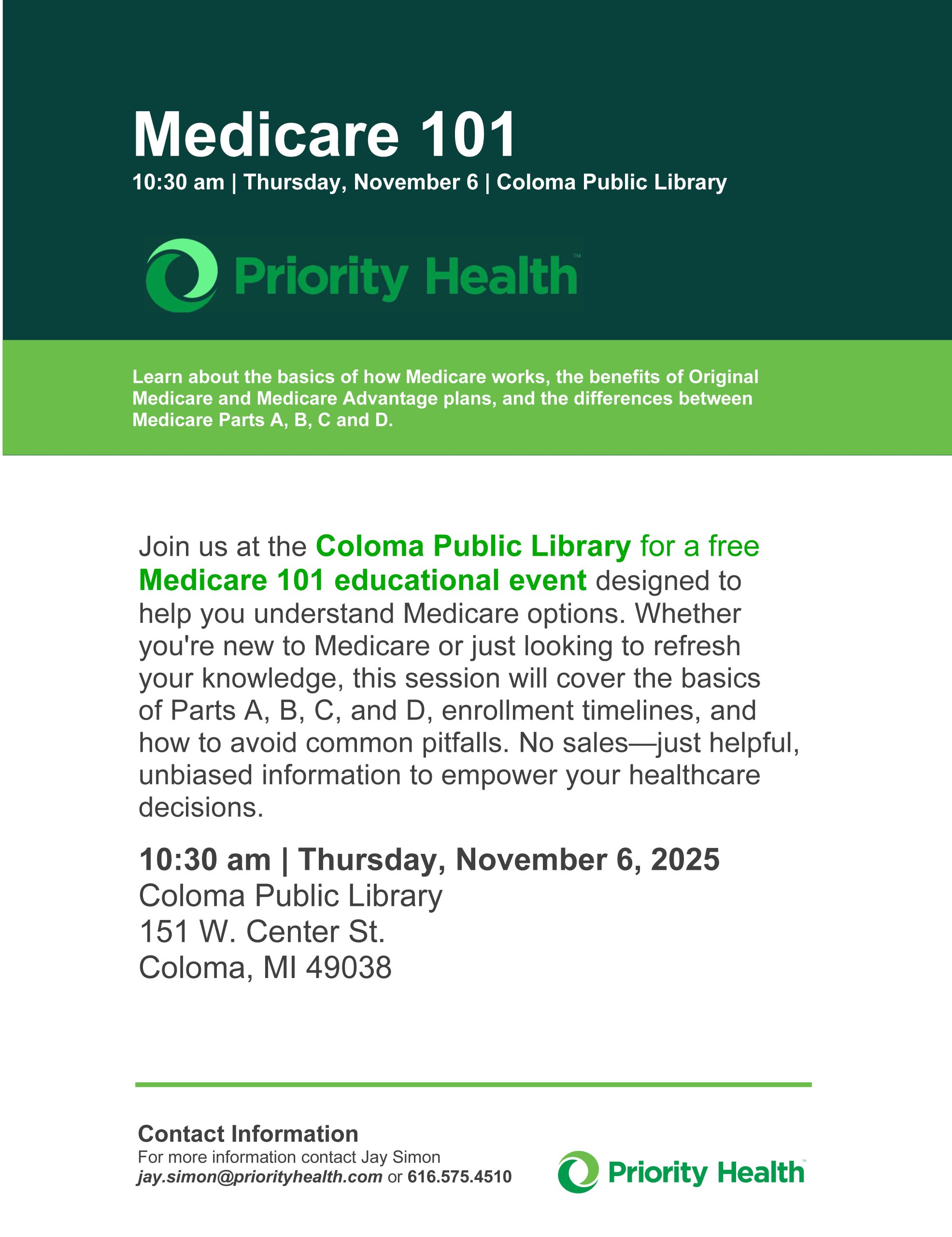 Flyer for the Medicare 101 event. Nov 6 @10:30