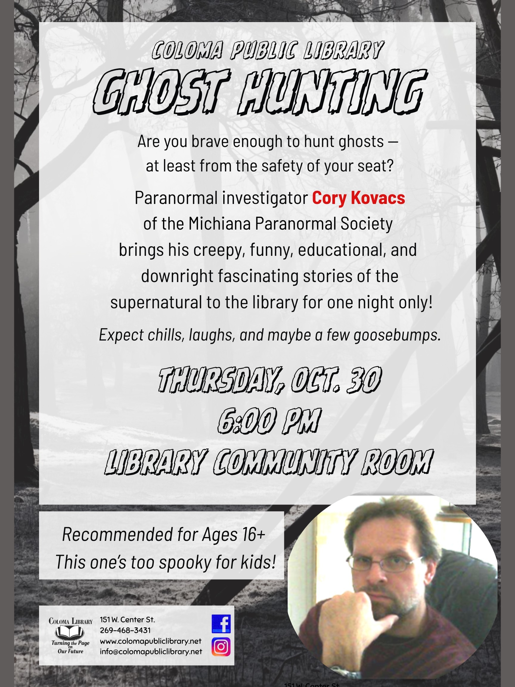 Flyer for ghost hunting, october 30th in the library community room