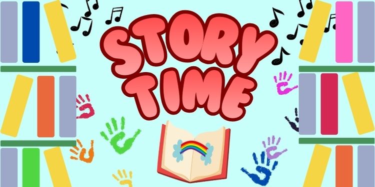 Between bookshelves are music notes, handprints, and an open book. Above it, a sign that says Storytime