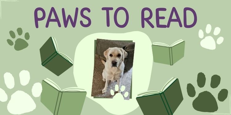 Books and pawprints surround Koda the therapy dog