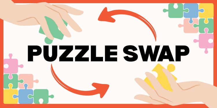 Banner for puzzle swap with hands exchanging puzzle pieces