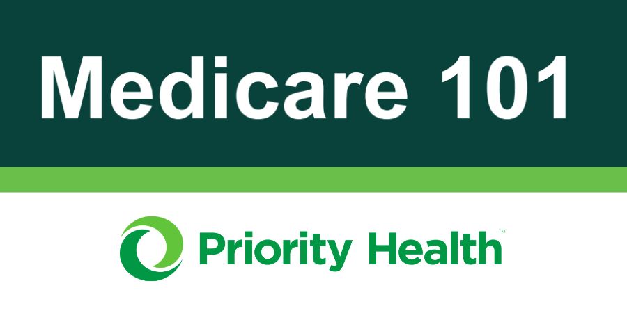 Banner for medicare 101 class. with the Priority health logo below.