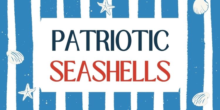 Banner for the patriotic seashell program. Navy blue stripes with starfish and scallop shells surrounding the text
