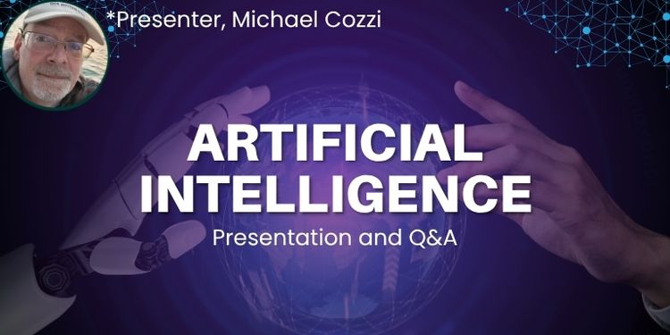 Banner for the artificial intelligence program with the presenter's photo in the corner. A robotic hand extends out to a human hand.