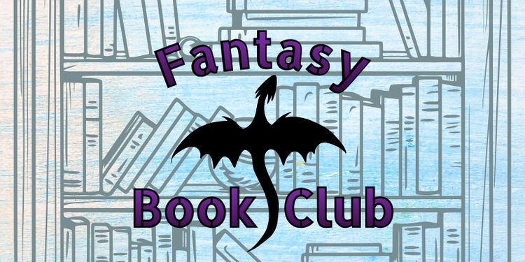 Banner for the Fantasy Book Club A dragon soars and weaves between the title of the program.