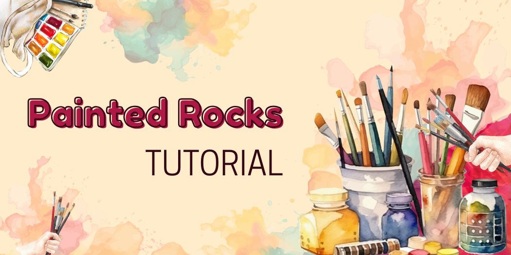 Banner for painted rocks program, watercolor supplies covered messily in paint surround the title of the program.