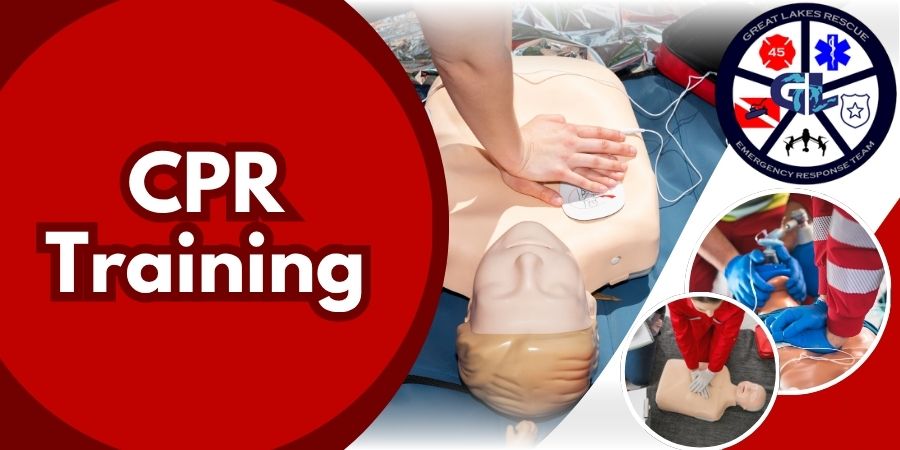 Banner for CPR training program, cpr dummies being resuscitated with the great lakes rescue emblem beside them.