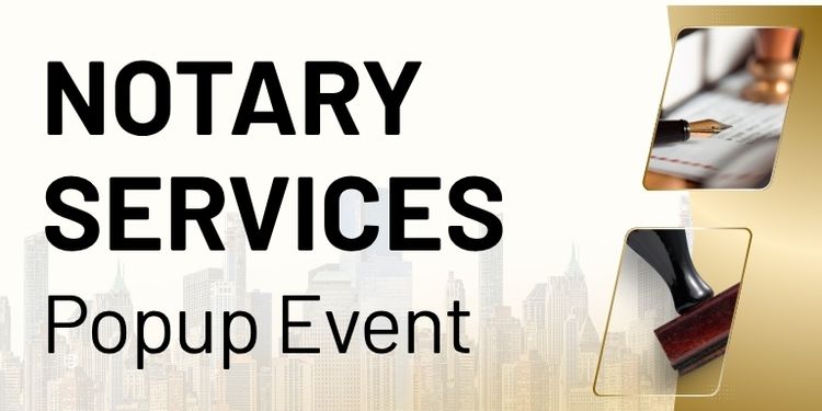 Notary services popup event. Gold borders surround the title with a faint cityscape in the background.
