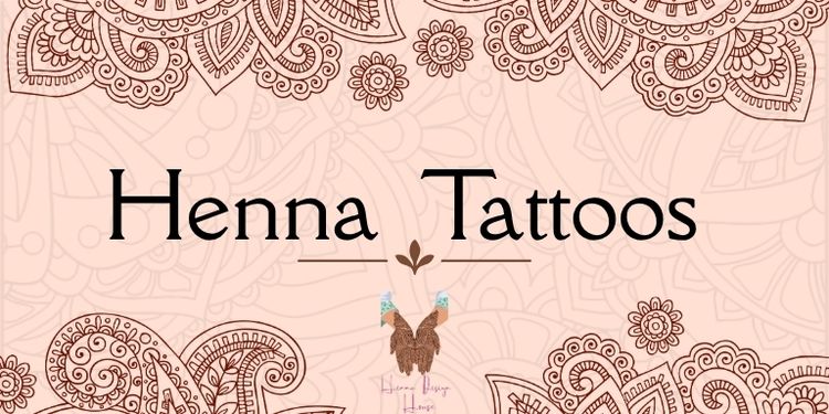 Banner for the henna tattoos program, intricate floral patterns surround the title of the program.