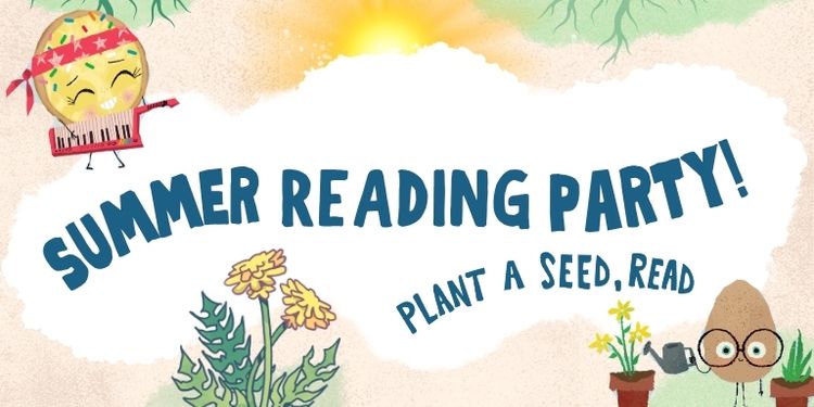 Banner for the summer reading party, plants and fun characters surround a cloud with the sun poking out.