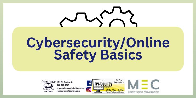 Banner for cybersecurity/ online safety basics. gear icons sit behind the text with logos of sponsers sitting below