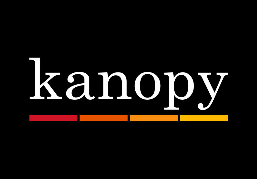 Kanopy logo against black background, click to open kanopy website.