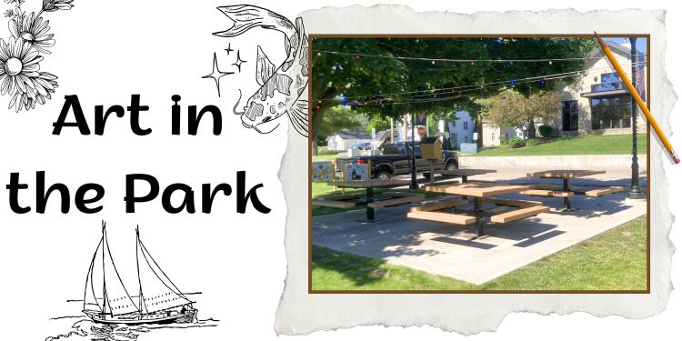 Banner for the Art in the Park program, sketches and doodles surround the sunny laura baker park.