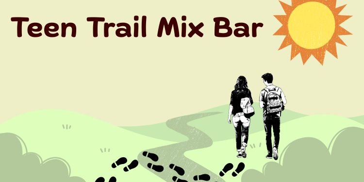 Banner for the teen trail mix bar program. Two teens walking a trail with a bright sun above.