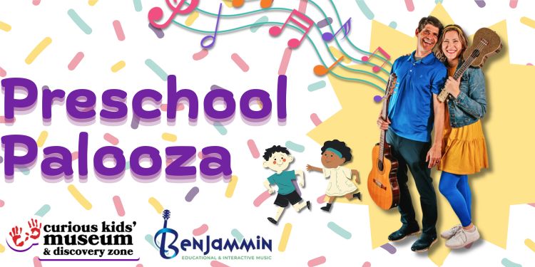 banner for the Preschool Palooza event. Benjammin and friends smile with the curious kid's museum logo nearby.