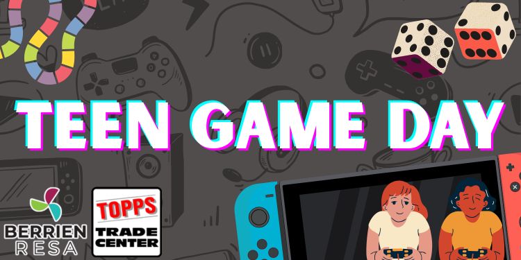 Banner for the teen game day program, board games and video game devices surround the title.