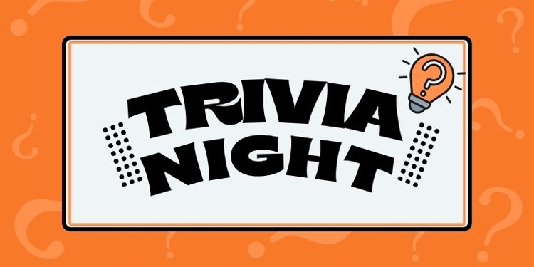 Banner for the Trivia Night program, orange question marks surround the title of the program.