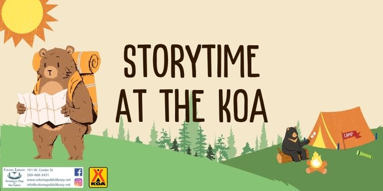 Storytime at the koa, two bears camping in the woods on a sunny day