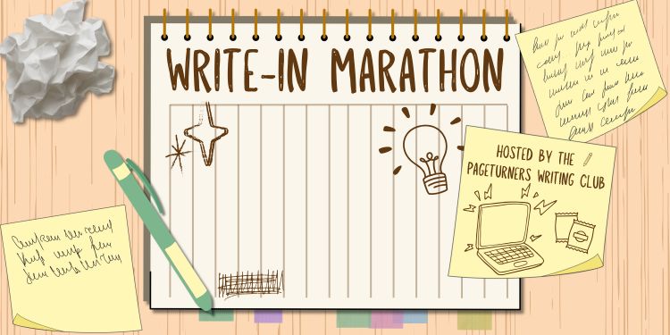 Banner for the write-in Marathon. The title is written on lined paper with sticky notes and crumpled paper nearby.