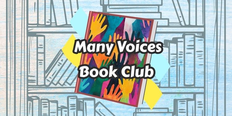 Banner for the many voices book club, a colorful book with stripes behind it.