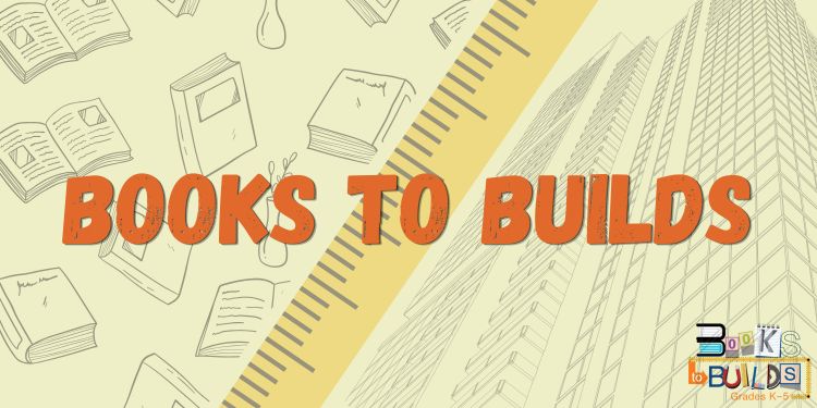 Books to builds banner, a ruler separates the books from a low angle shot of a skyscraper