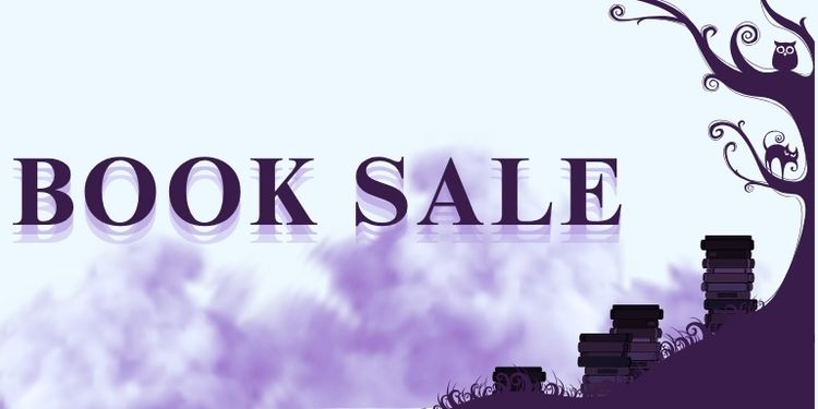 Banner for the Library book sale, a haunted tree on a hill covered in books accompanies the text
