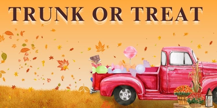 Banner for the trunk or treat event. A red pickup with candy filling the trunk is placed in a serene autumn scene.