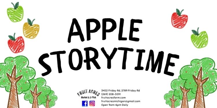 Banner for apple storytime, the title surrounded by an apple orchard with apple graphics.