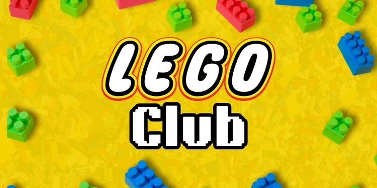 Banner for the lego club event. Bricks surround the lego club logo