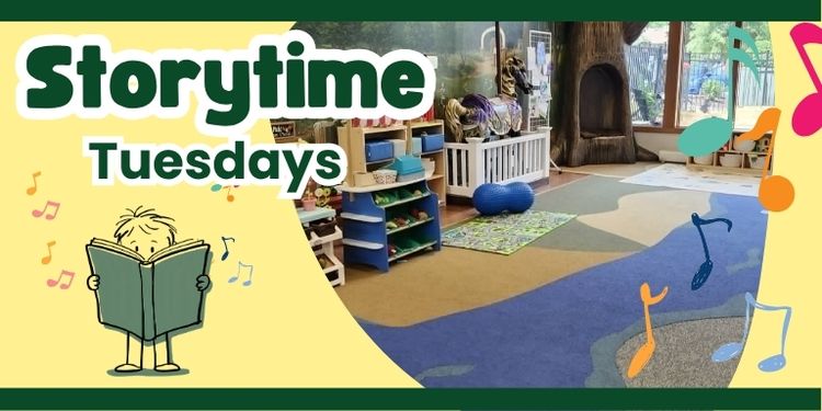 Banner for storytime tuesdays with the kids section where the program is held.