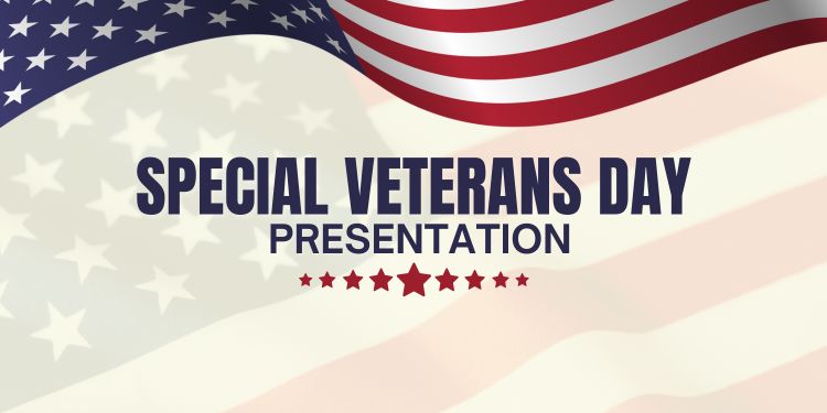 After-Hours Veterans Day Presentation banner. American flag decorations and red stars
