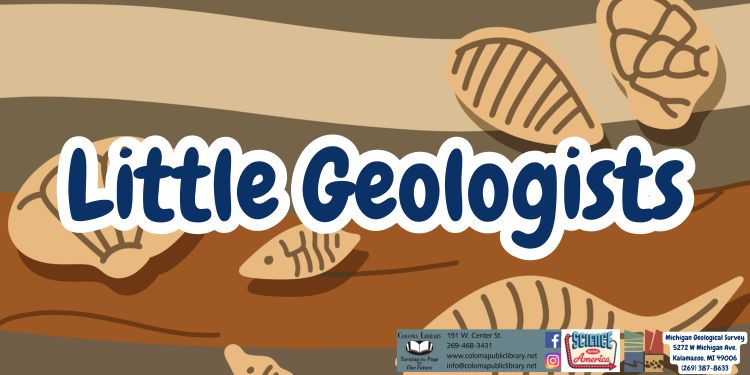 Banner for the little geologists program, fossils and soil layers surround title.