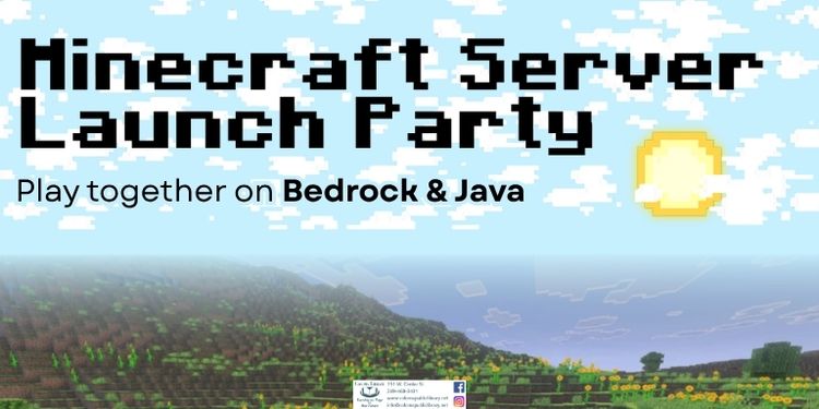 Banner for the minecraft server launch party. title sits among the clouds with serene sunflower plains below.